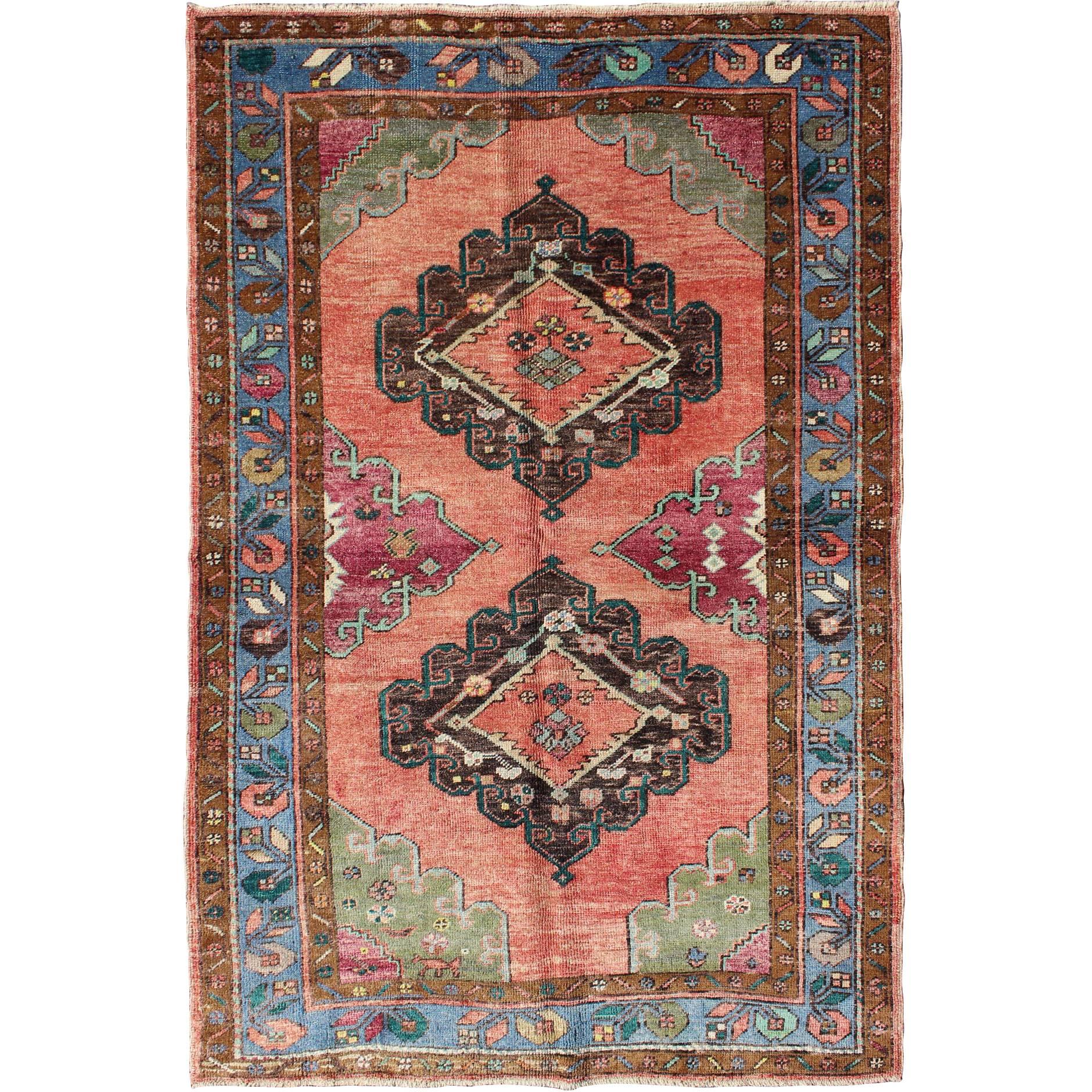 Colorful Dual-Medallions Mid-Century Turkish Oushak Rug with Floral Design For Sale
