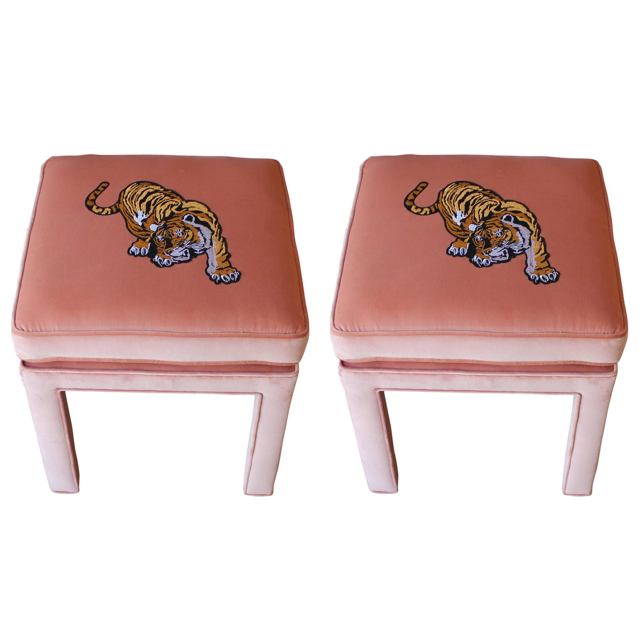 Luxe Modern Light Pink Velvet Pair of Stools or Ottomans with Embroidered Tigers