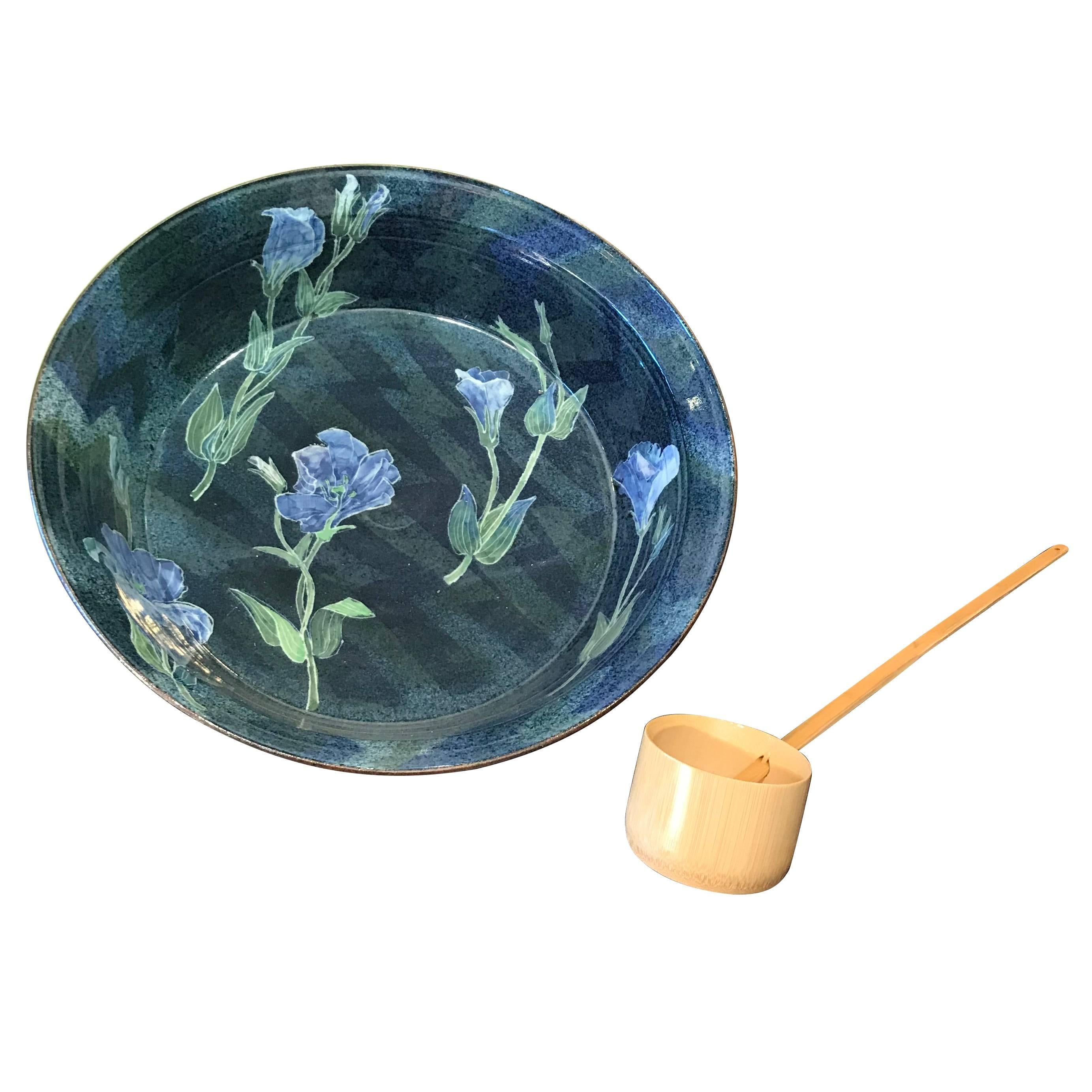 Japanese Big 16" Blue Flowers Bowl  Mint, Signed, & Boxed with Japanese  ladle