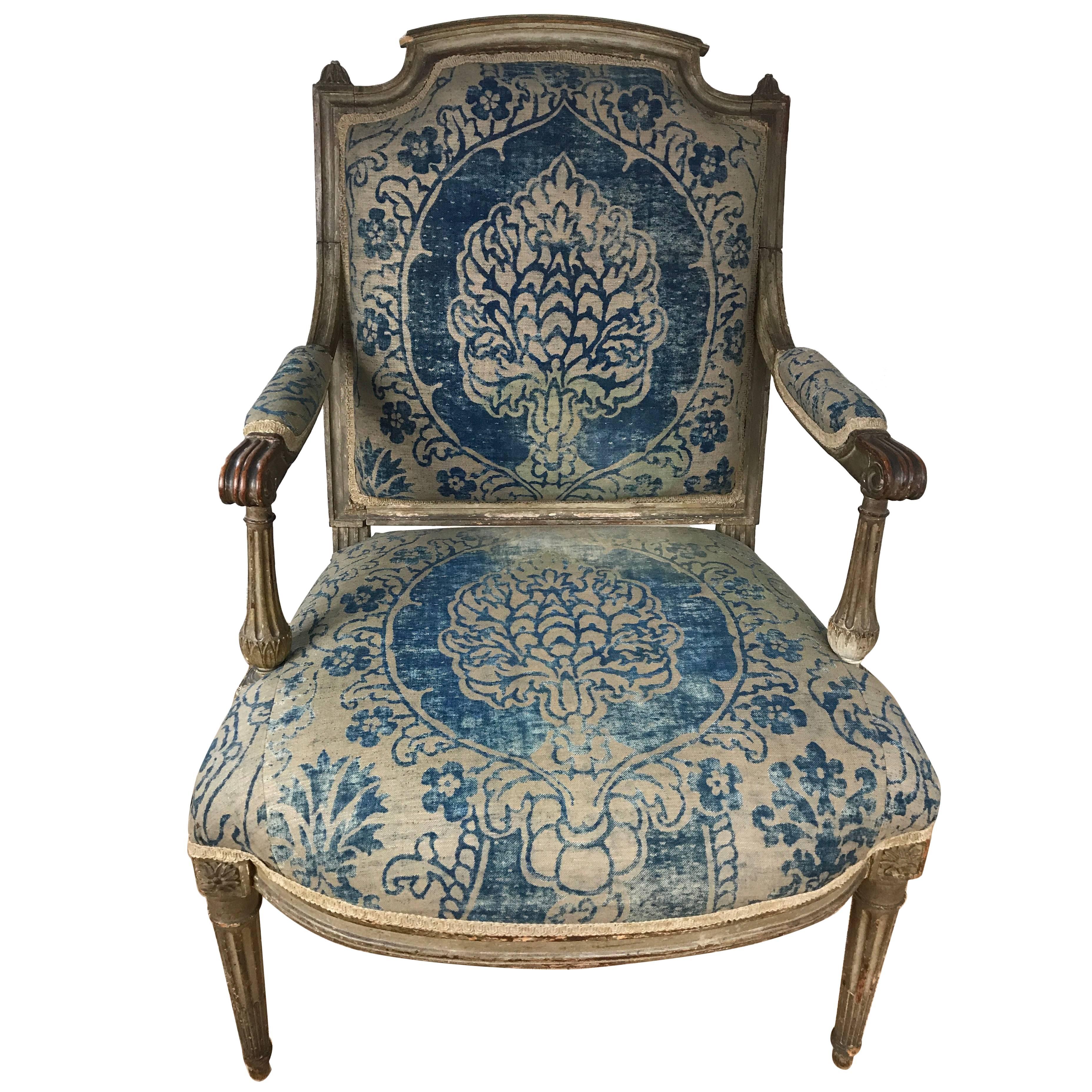 18th Century Louis XVI Fauteuil Upholstered in Fortuny Fabric