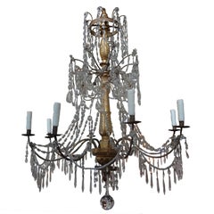 Antique Late 18th Century Genovese Gilt Wood And Crystal Eight-Light Chandelier