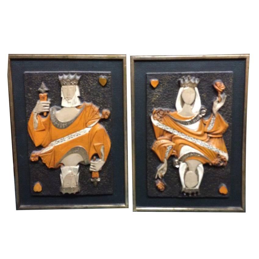 Mid-Century Modern Pair of King and Queen of Hearts Panels