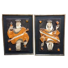 Vintage Mid-Century Modern Pair of King and Queen of Hearts Panels