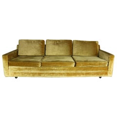 Gold Velvet Lawson Style Three-Cushion Sofa Vintage Mid-Century Modern