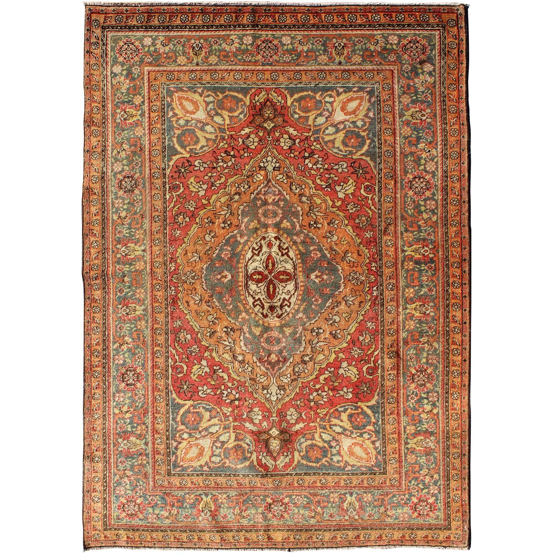 Antique Turkish Sivas Rug with Multi-Layered Medallion in Red, Teal & Orange For Sale