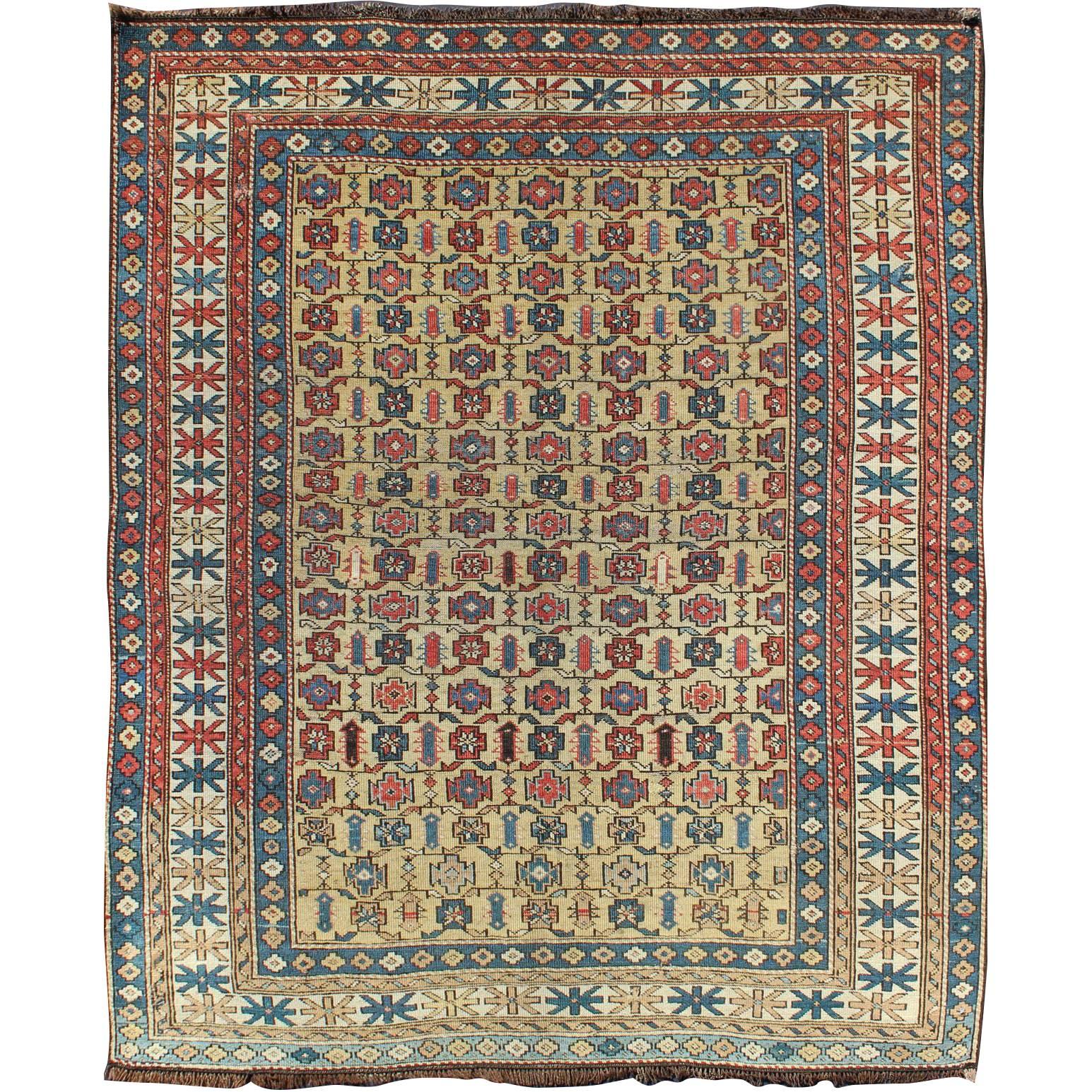 Antique Kuba Rug with All-Over Geometric Design in Multi-Colors and Yellow For Sale