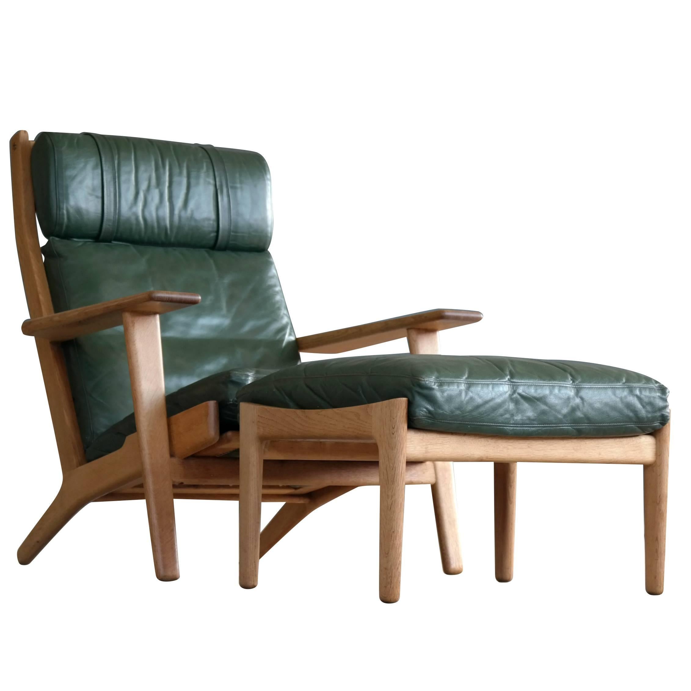 Hans Wegner Highback Lounge Chair Model GE290a with Ottoman in Oak and Leather