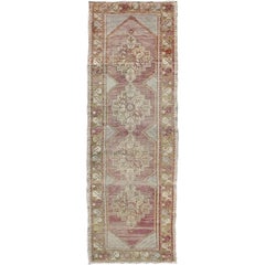 Antique Turkish Oushak Runner with light Purple, Light Olive Green, Taupe & Gray