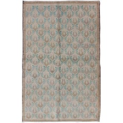 Vintage Turkish Oushak Rug with All-Over Vining Blossoms in Light Teal and Taupe