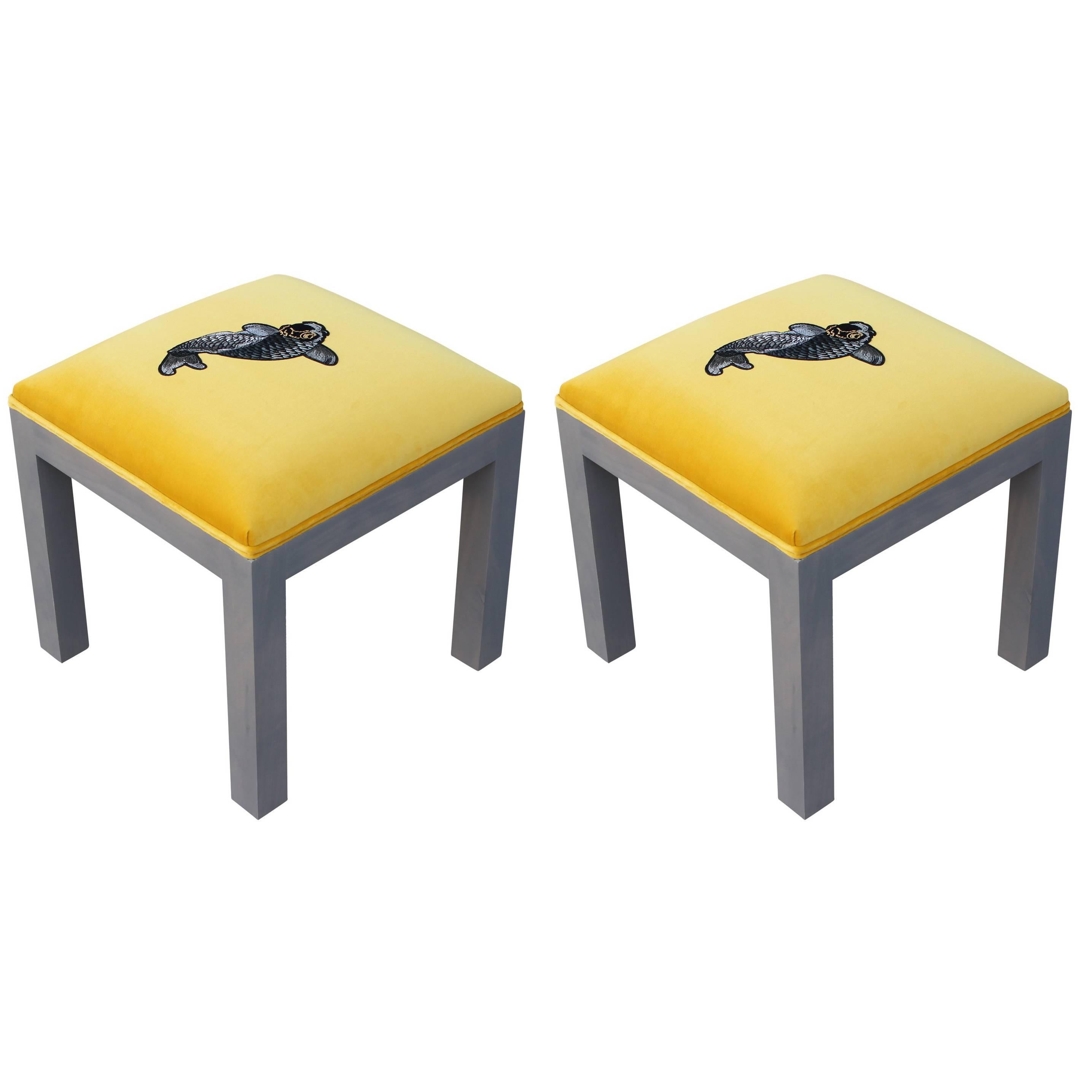 Luxe Modern Yellow Velvet Pair of Ottomans or Stools, Embroidered Koi Fish