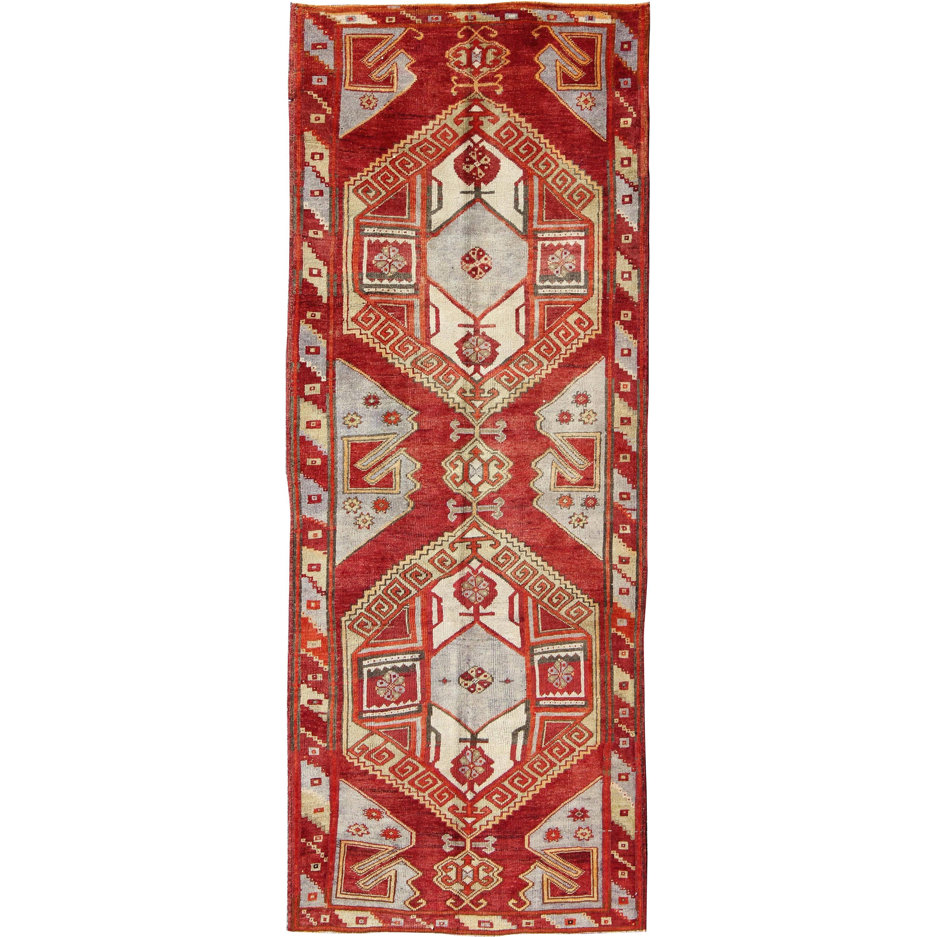 Red Mid-Century Vintage Turkish Oushak Rug with Geometric Dual Medallions For Sale