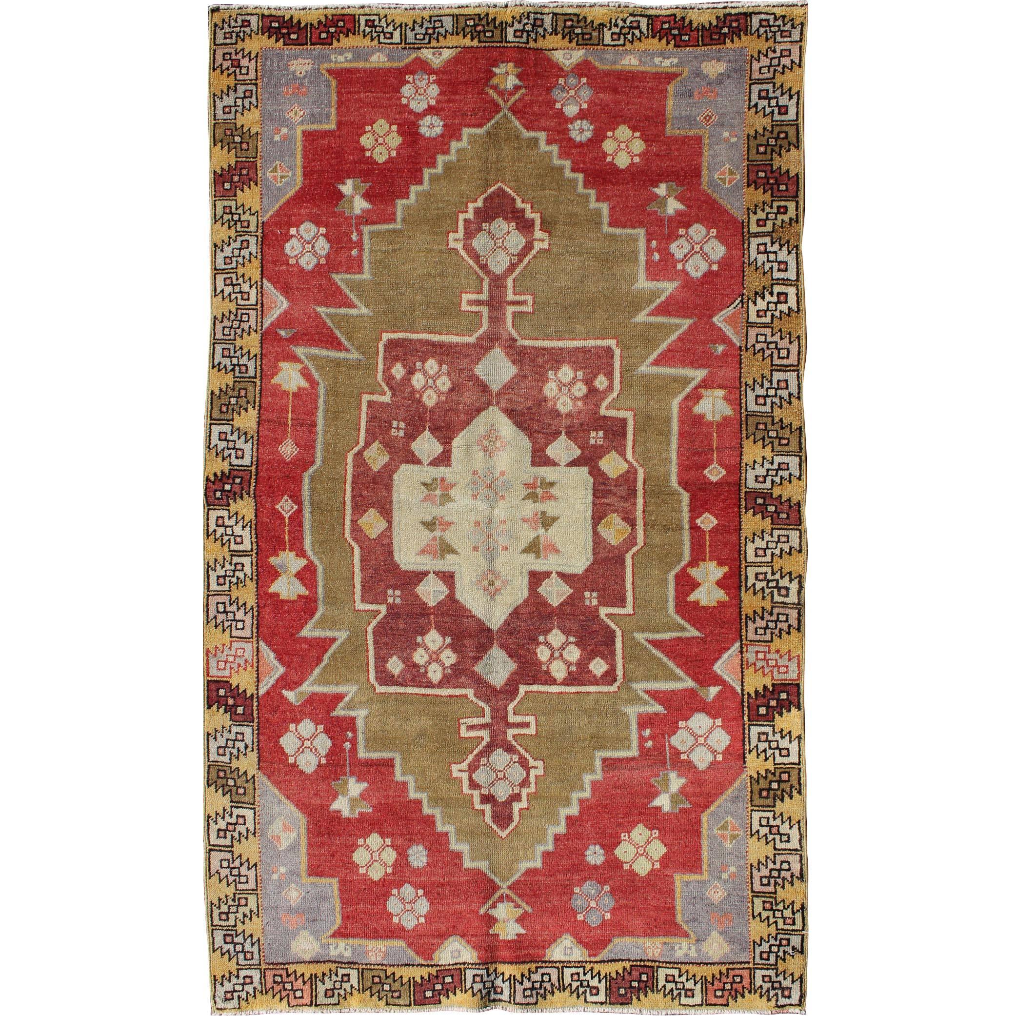 Unique Vintage Turkish Oushak Rug with Geometric Medallion in Red, Green, Yellow For Sale
