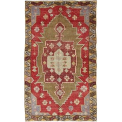 Tapis turc Oushak vintage unique avec médaillon géométrique rouge, vert, jaune