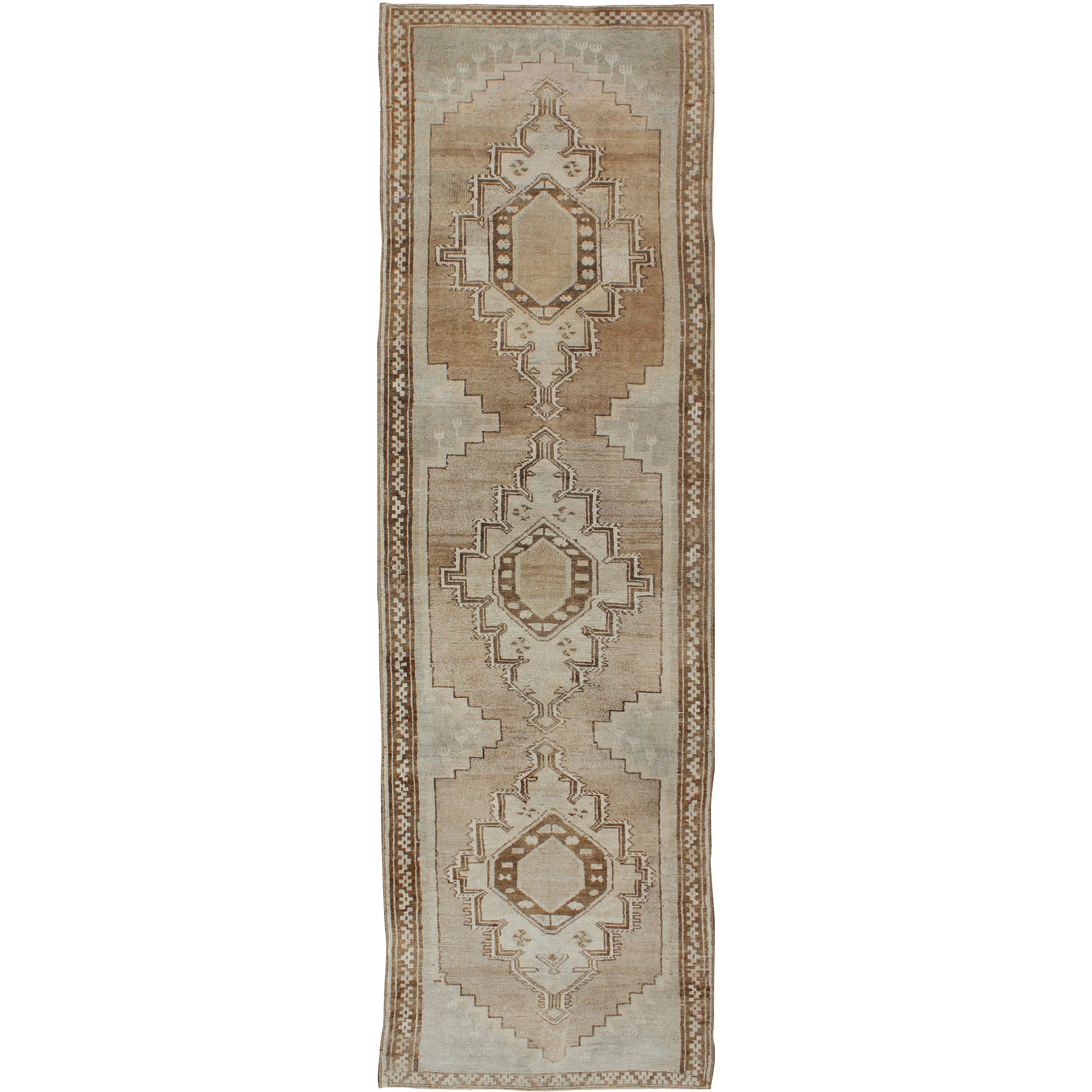 Taupe, Ivory & Brown Vintage Turkish Oushak Rug with Three Vertical Medallions