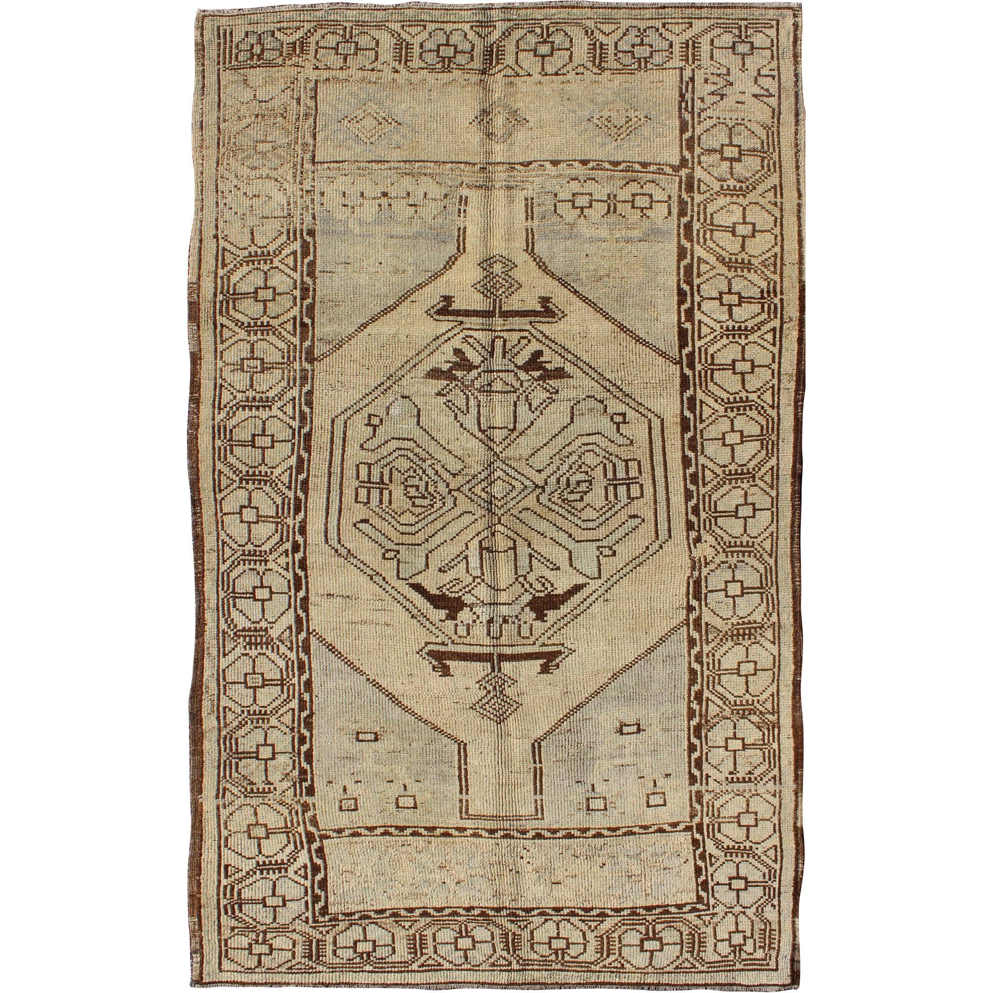 Geometric Tribal Vintage Turkish Oushak Rug in Brown, Cream, Light Blue and Tan For Sale