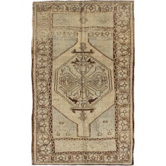 Geometric Tribal Vintage Turkish Oushak Rug in Brown, Cream, Light Blue and Tan