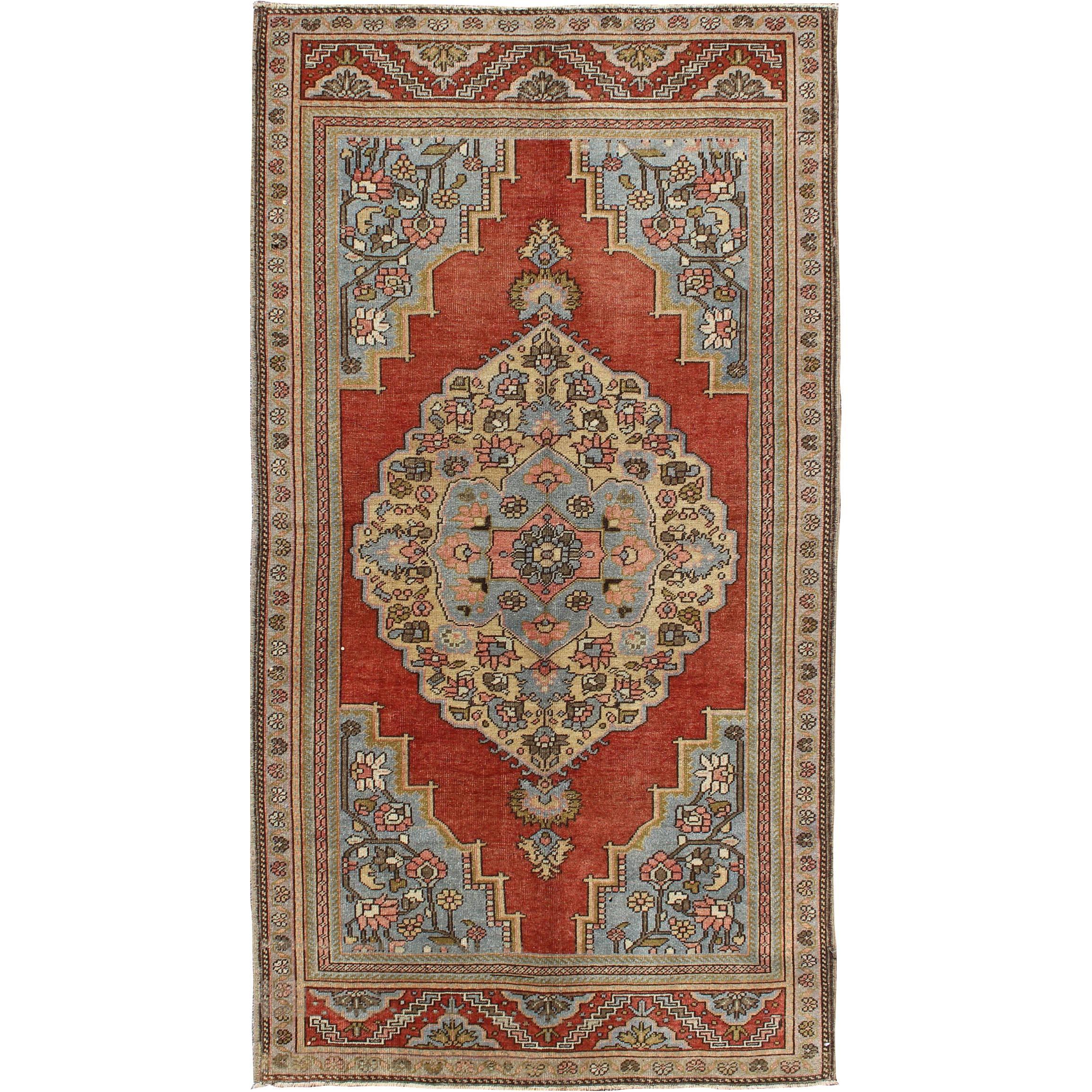 Floral Mid-Century Vintage Turkish Oushak Rug with Medallion in Red, Blue, Cream