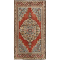 Floral Mid-Century Retro Turkish Oushak Rug with Medallion in Red, Blue, Cream
