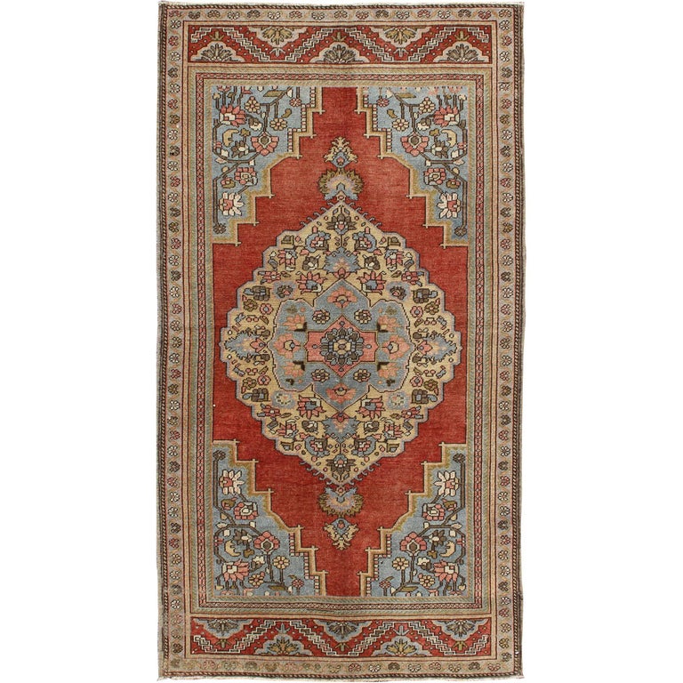 Floral MidCentury Vintage Turkish Oushak Rug with Medallion in Red