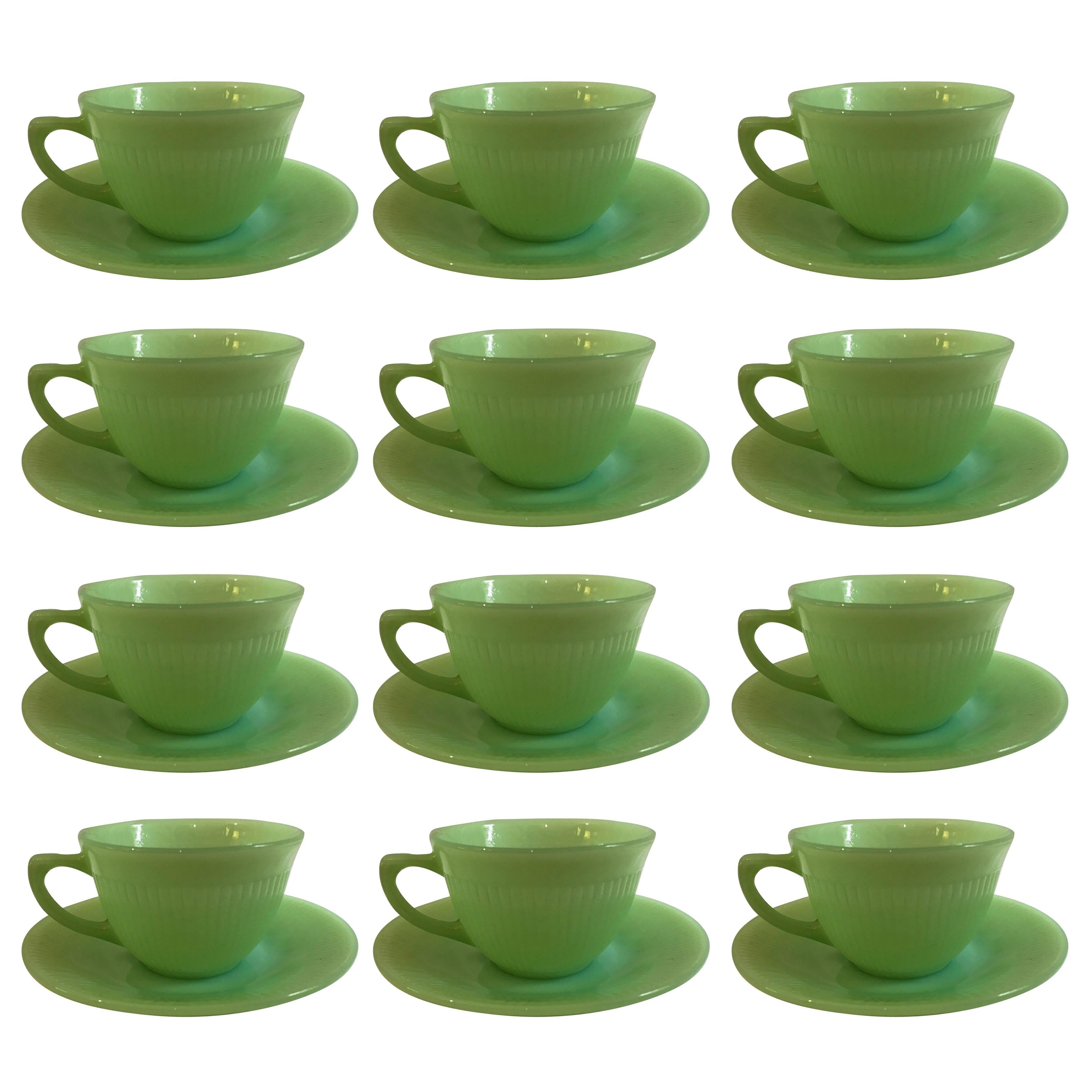 Terrific Set of Jadeite - Fire King Anchor Hocking 12 Cup 14 Saucer Set Magnific