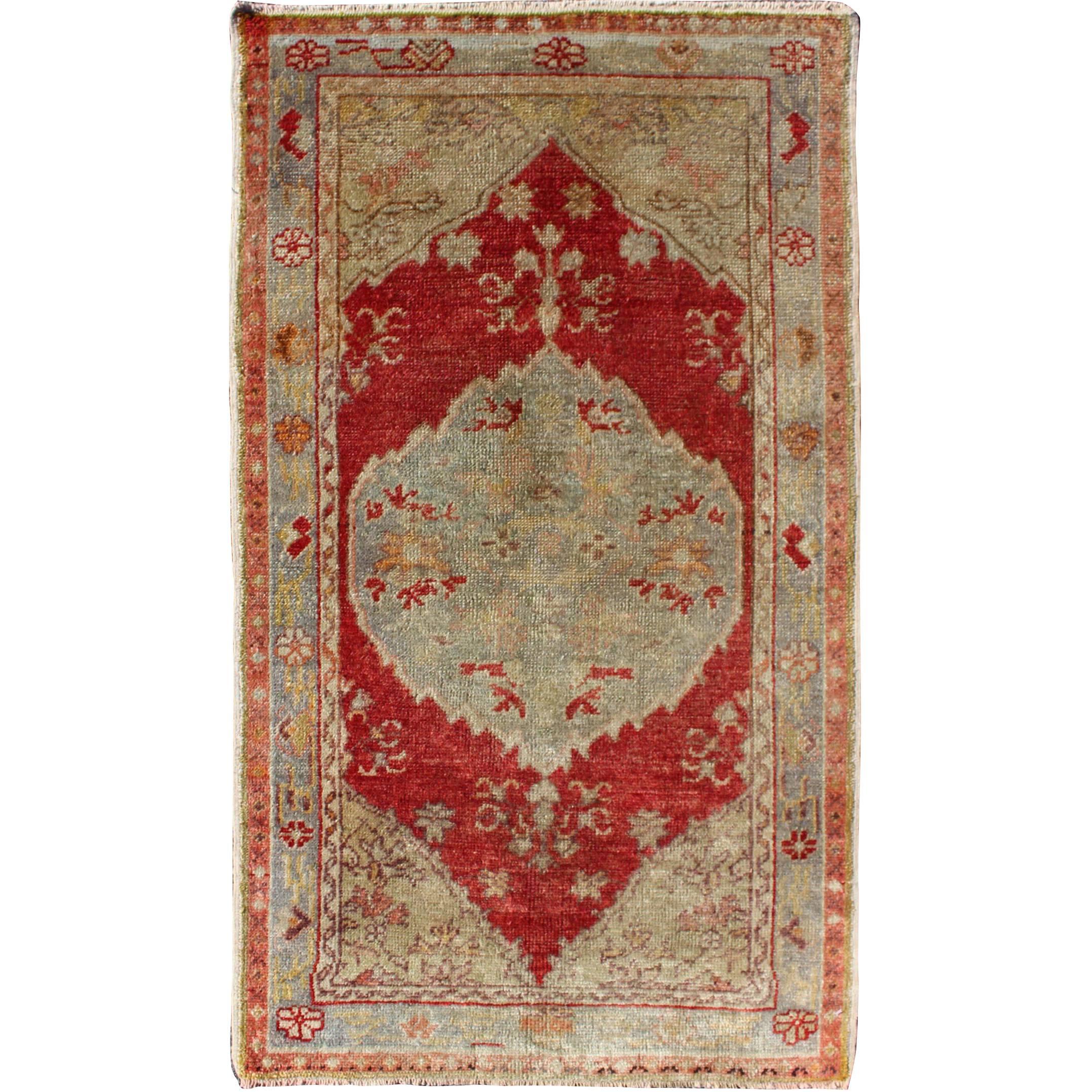 Floral Mid-Century Vintage Turkish Oushak Rug with Medallion in Red and Gray