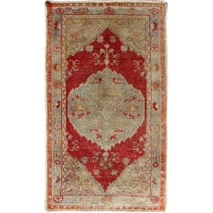 Floral Mid-Century Vintage Turkish Oushak Rug with Medallion in Red and Gray