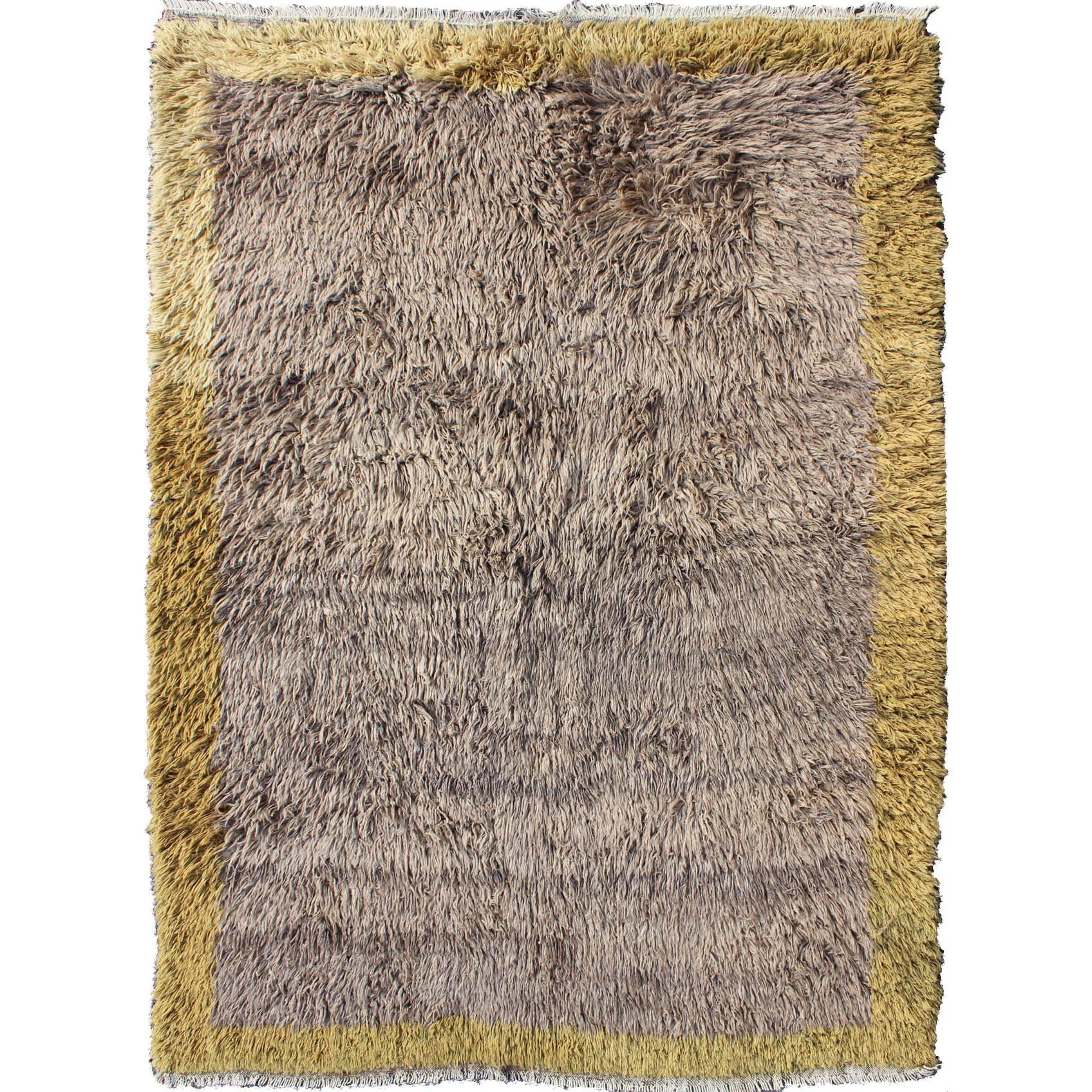 Modern Vintage Turkish Tulu Rug with Open Field in Gray and Cream/Yellow