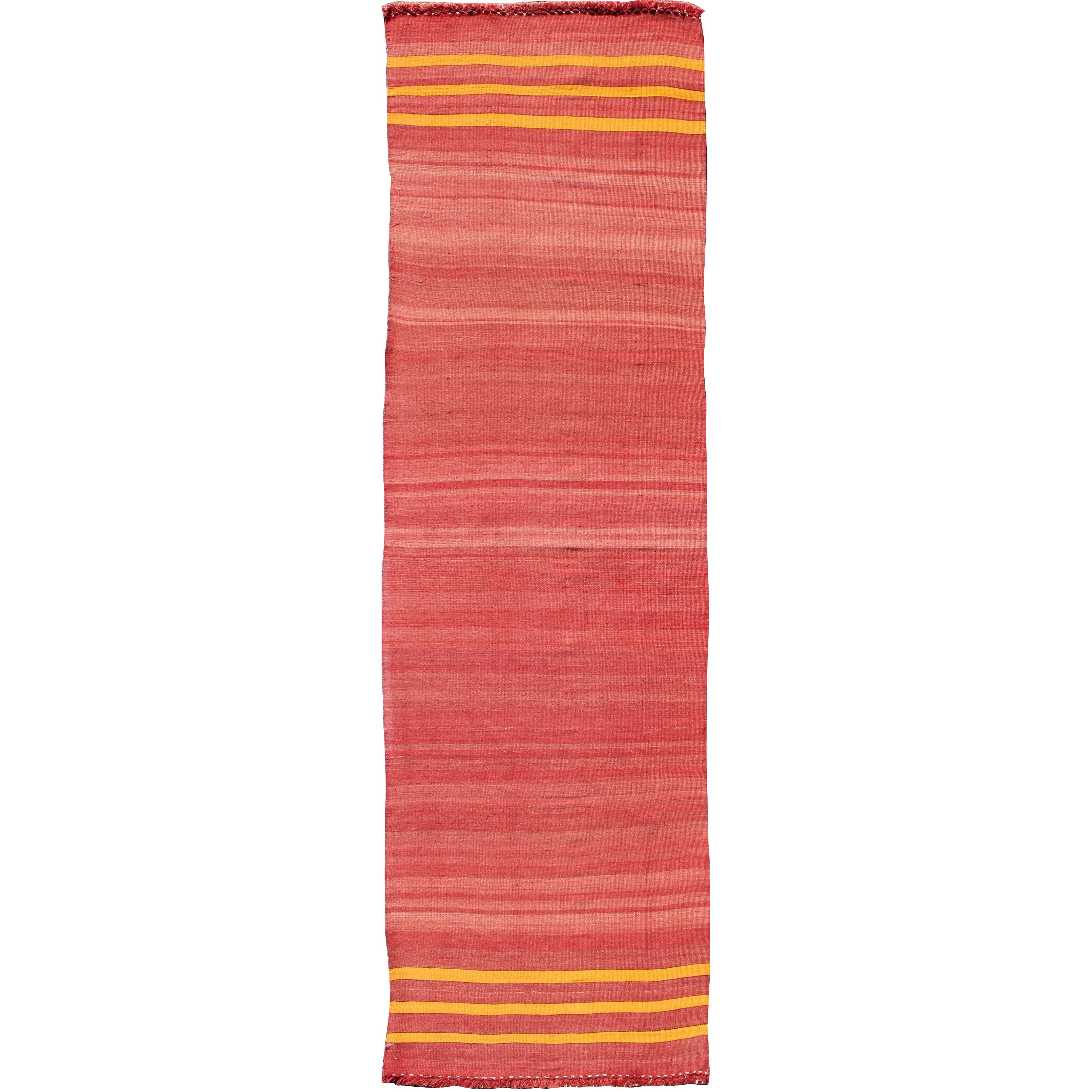 Red, Yellow, and Salmon Pink Striped Midcentury Vintage Turkish Kilim Rug For Sale