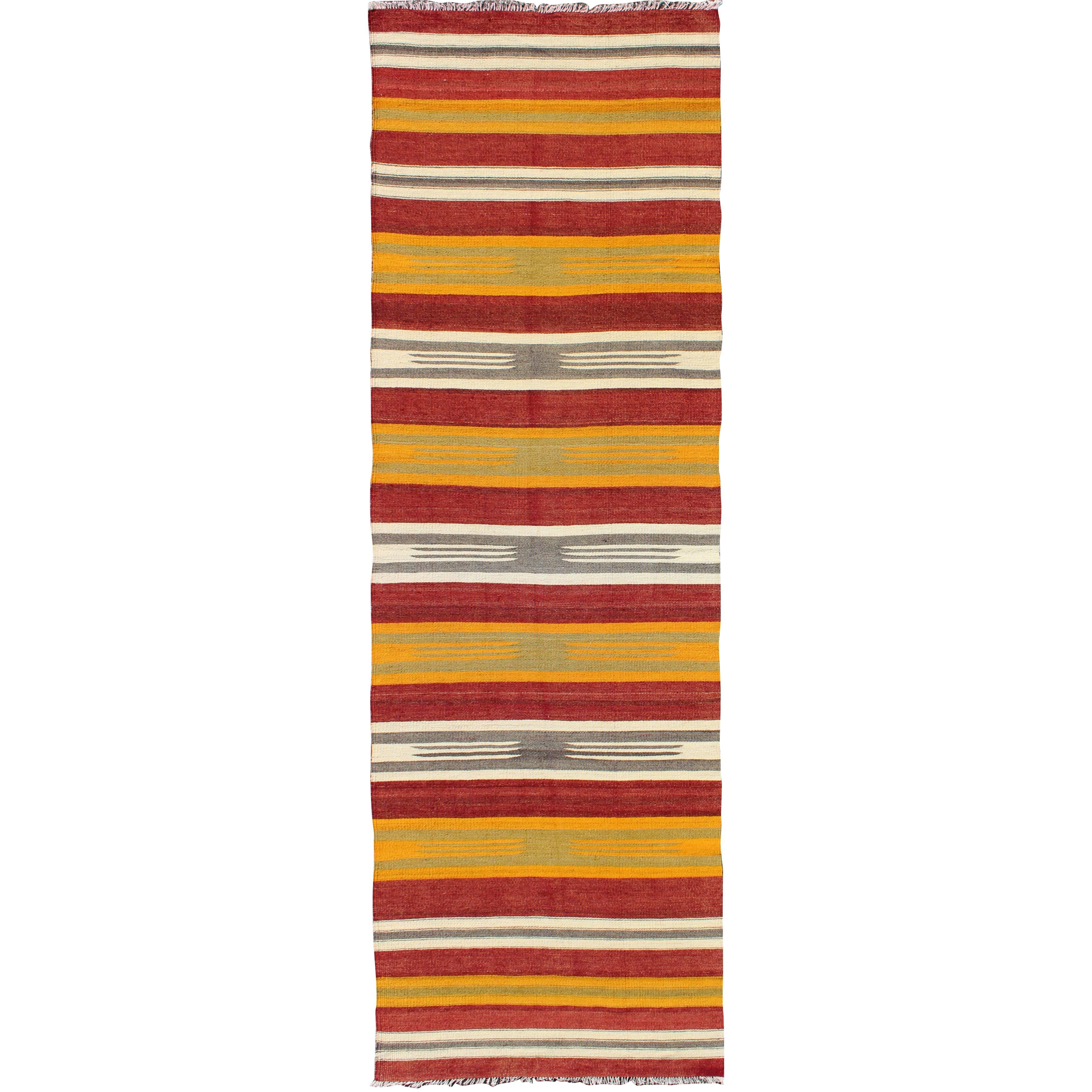 Vintage Turkish Kilim Runner with Stripes in Red, Green, Yellow, Ivory, Gray