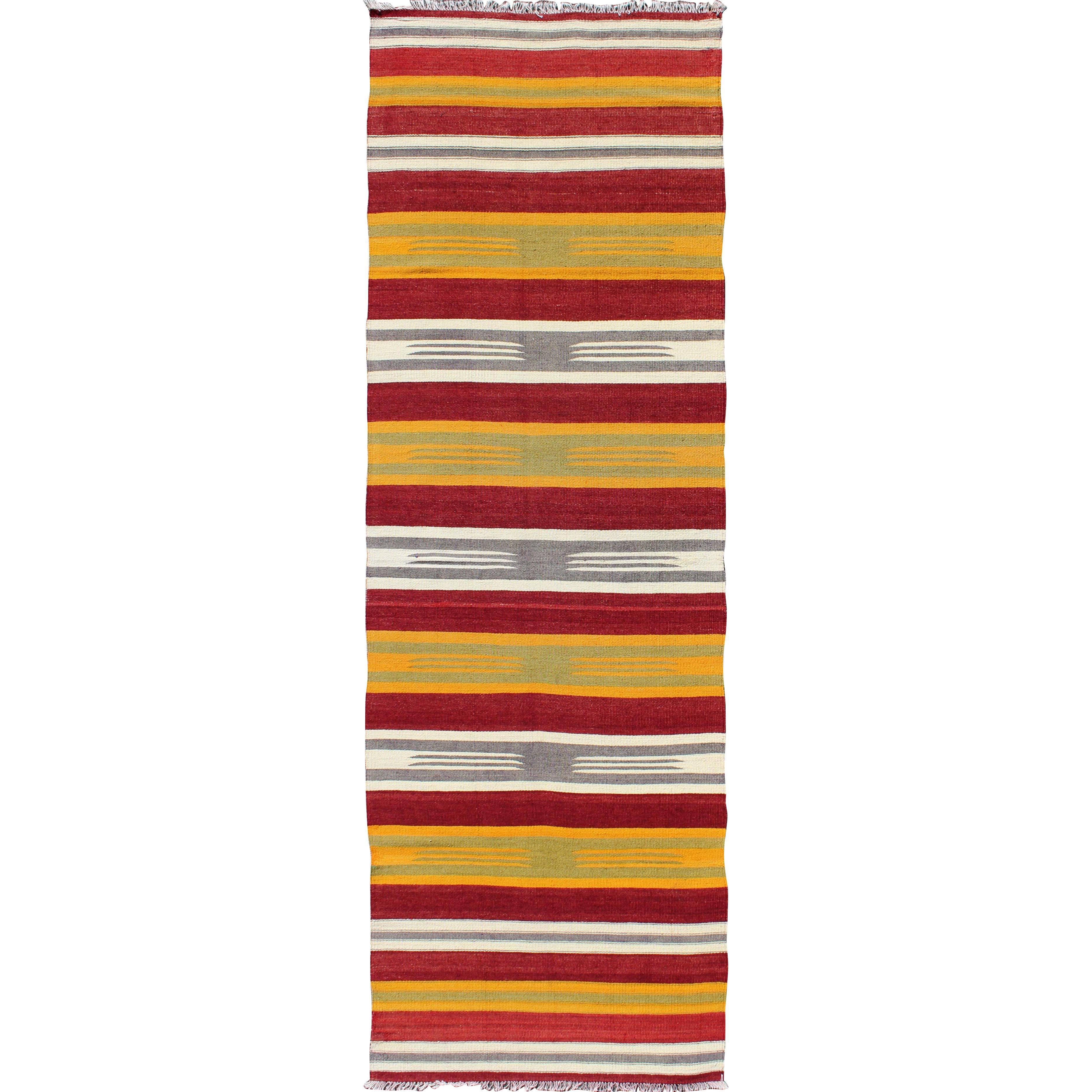 Vintage Turkish Kilim Runner with Stripes in Red, Green, Yellow, Ivory and Gray