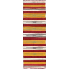 Vintage Turkish Kilim Runner with Stripes in Red, Green, Yellow, Ivory and Gray