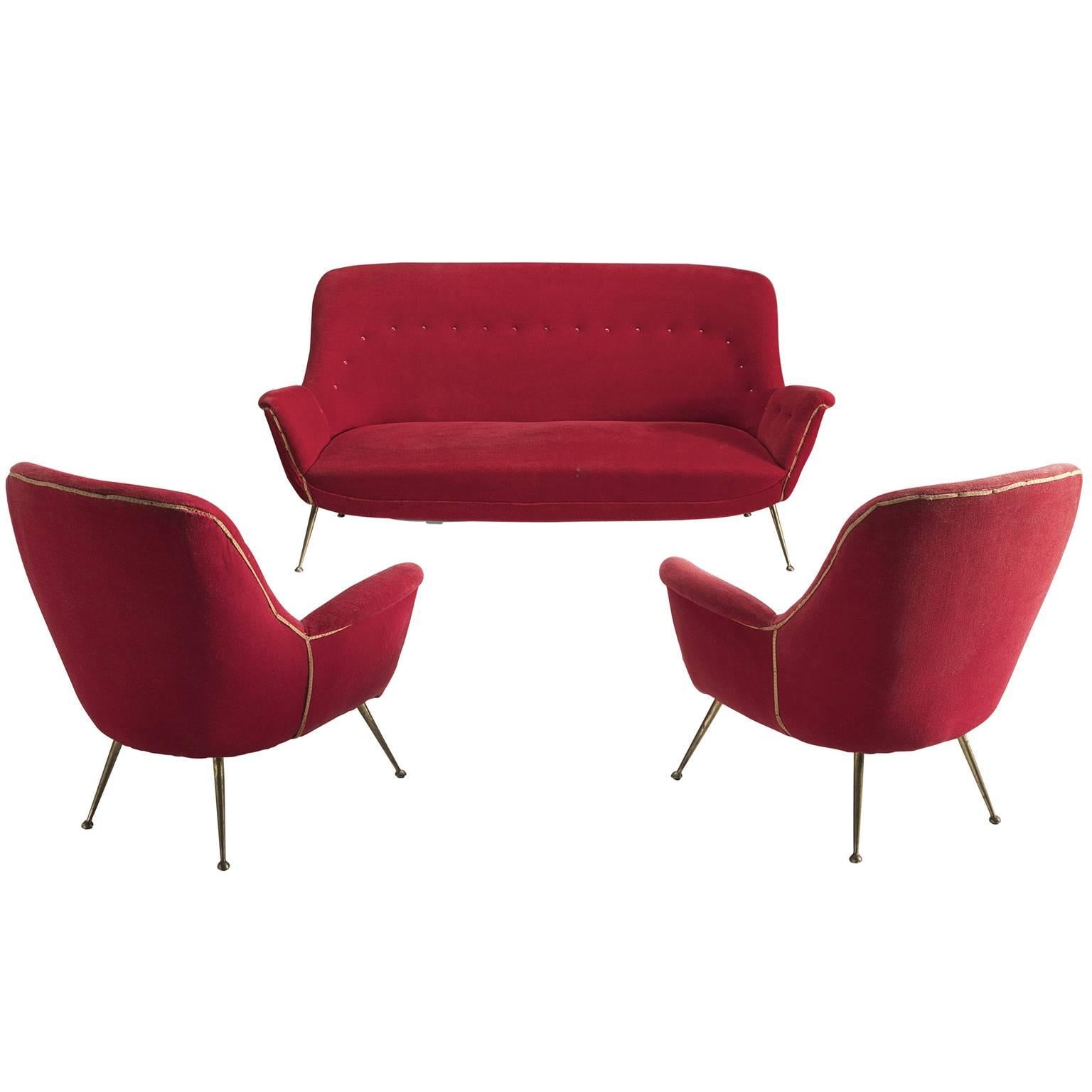 Venetian Red Fabric Italian Lounge Set, 1950s