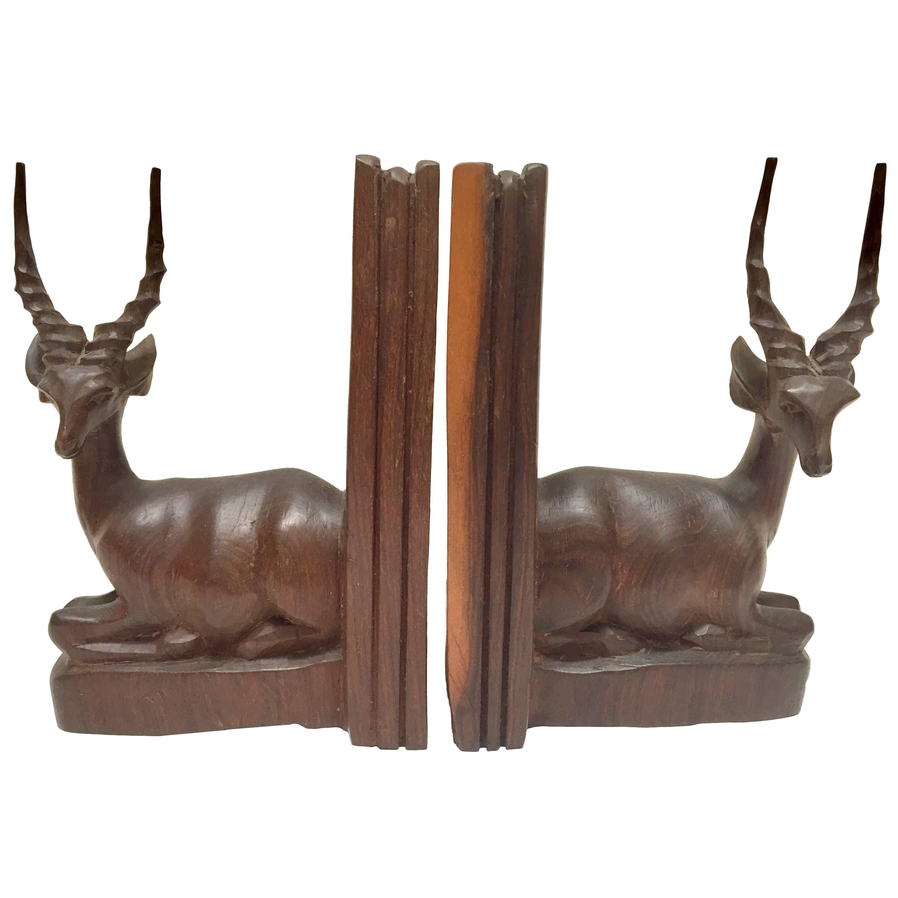 Hand-Carved Wooden Mid-Century Antelope Sculptures Bookends
