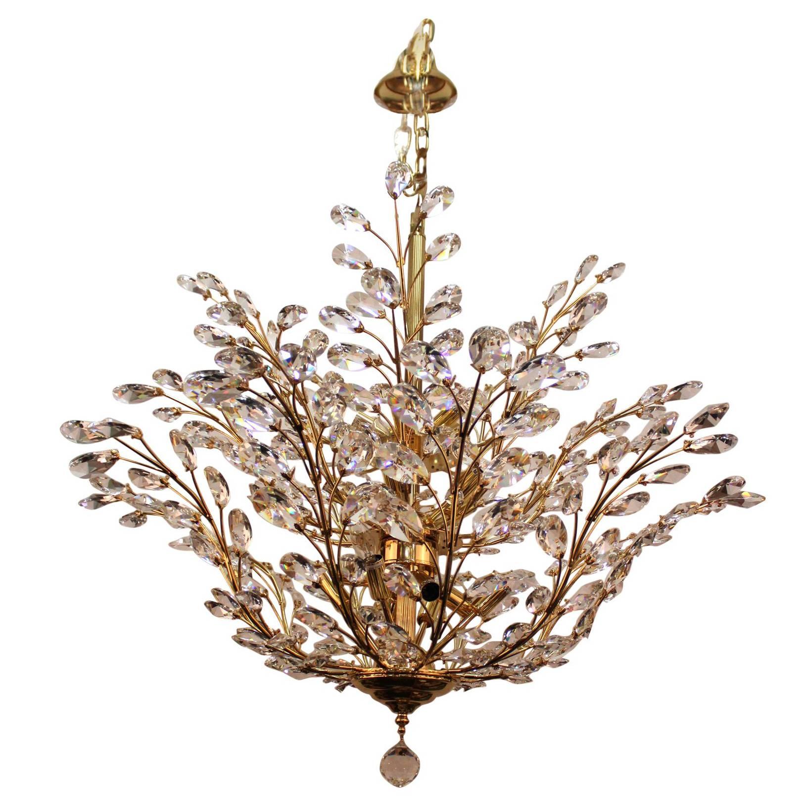 Mid-Century Italian Gold-Plated Brass Chandelier with Crystal Prisms