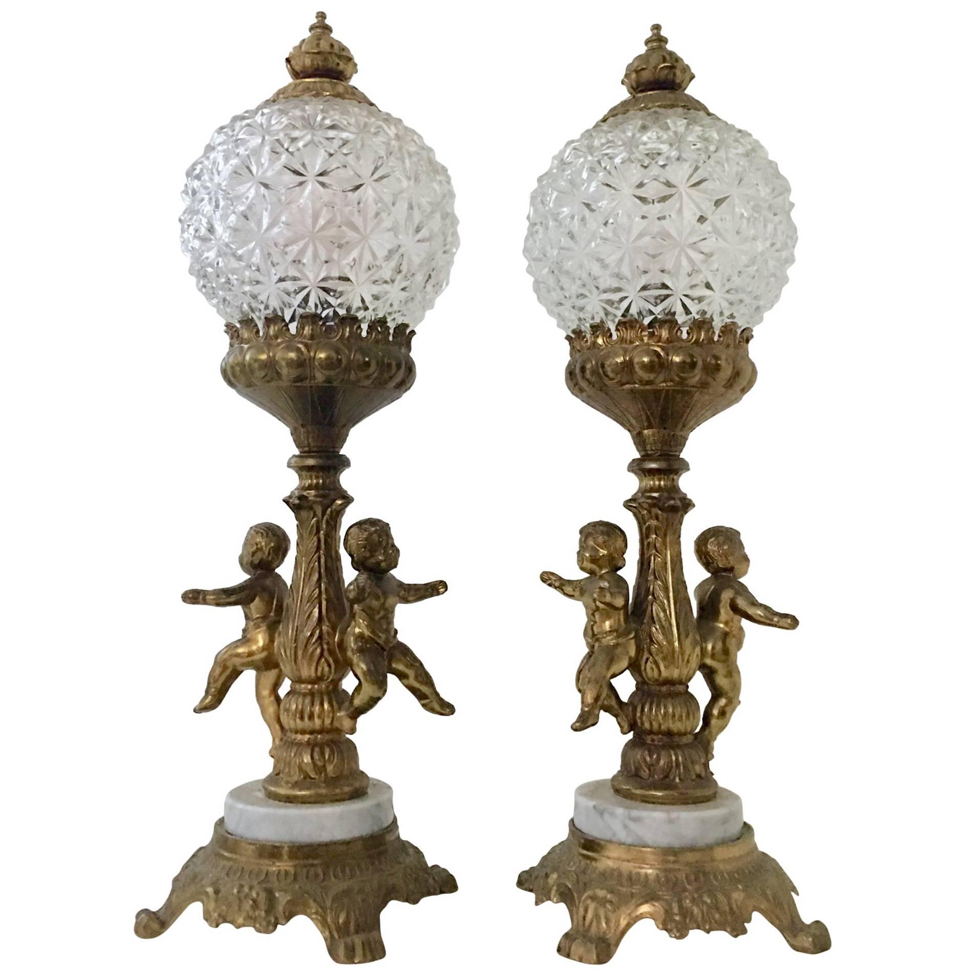 Pair of French Style Bronze Ormolu and Marble Putti Electrified Oil Lamps