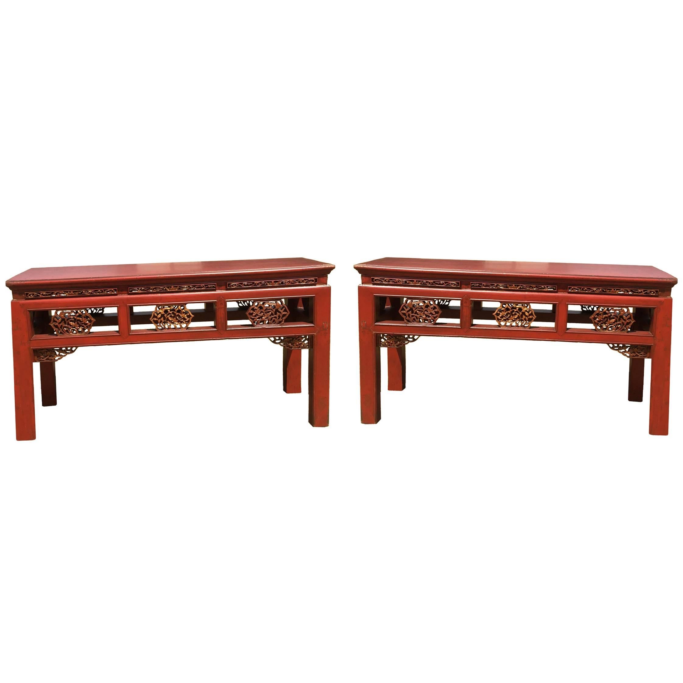 Pair Finely Carved Antique Red Benches, Chinese 19th Century, Gilded For Sale