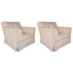 Pair of Luxurious Modernist Swivel Club Chairs in Pearl Corduroy Upholstery