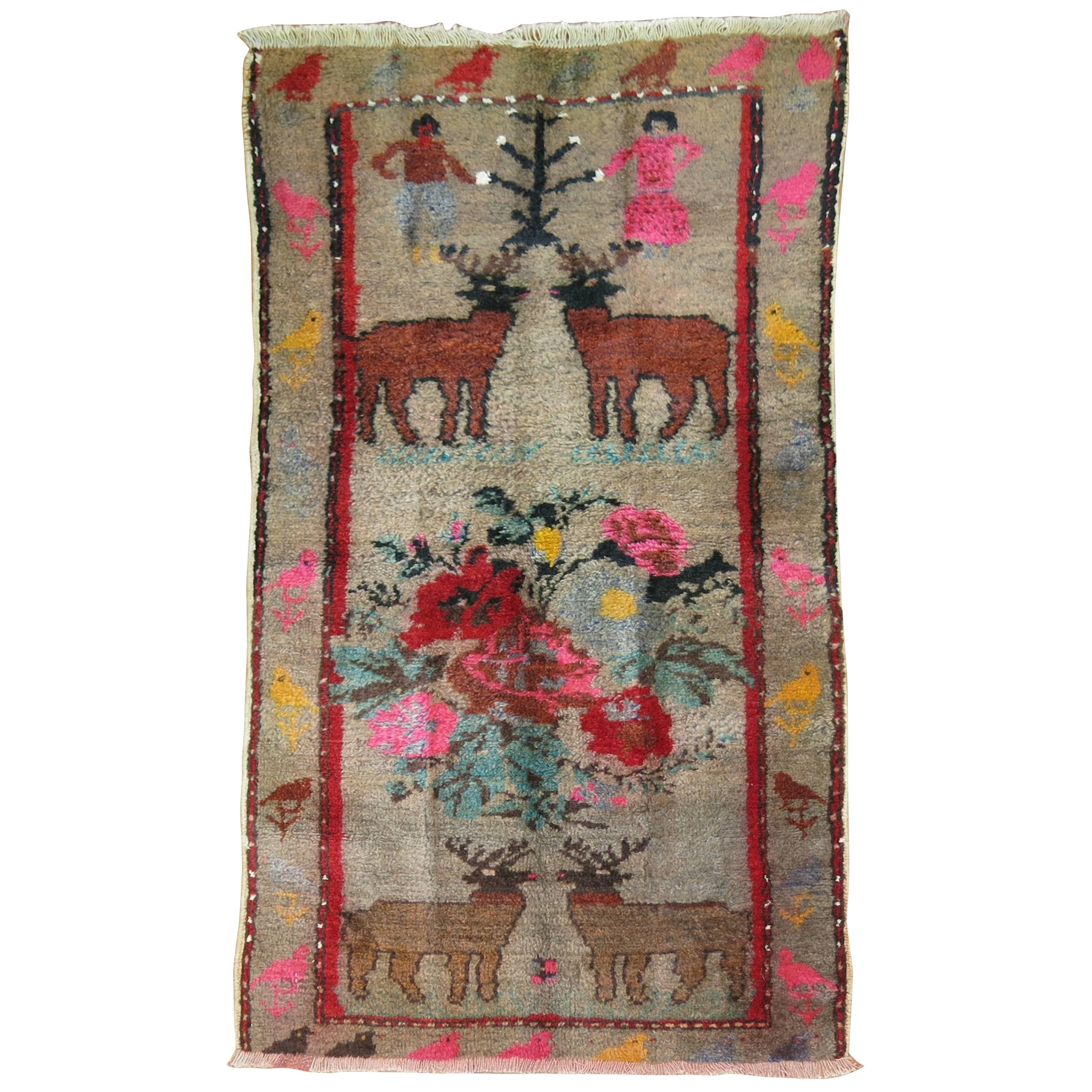 Pictorial Animal Human Turkish Rug, Mid 20th Century For Sale