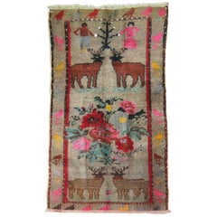 Pictorial Animal Human Turkish Rug, Mid 20th Century
