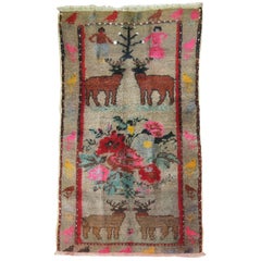 Vintage Pictorial Animal Human Turkish Rug, Mid 20th Century