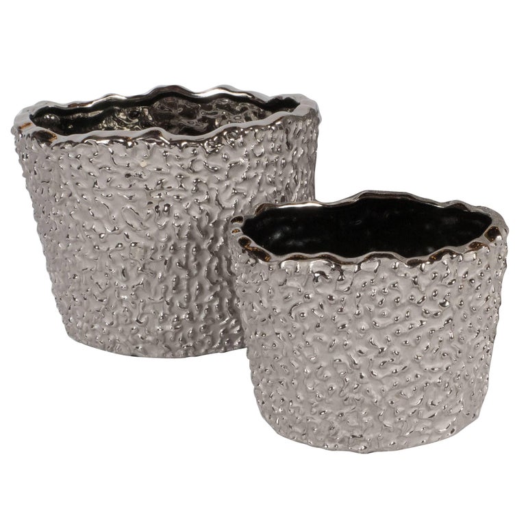 Pair of Organic Modern Handmade Ceramic Orchid Pots in White Gold at