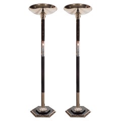 Pair of Skyscraper Style Art Deco Torchieres in Nickeled Bronze & Black Lacquer