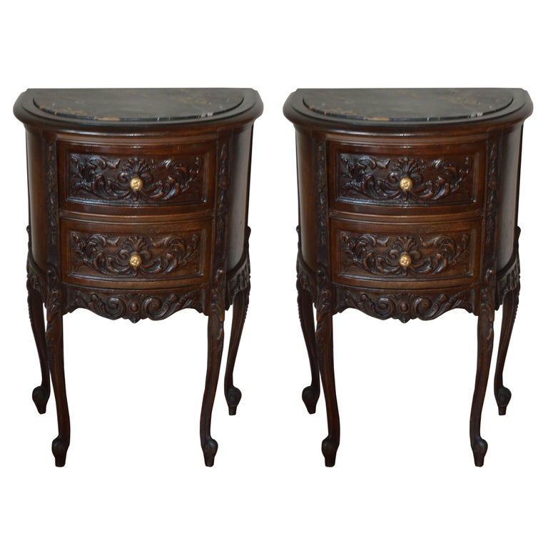 Pair of Louis XV Style Walnut Night Table with Two Drawers and Marble
