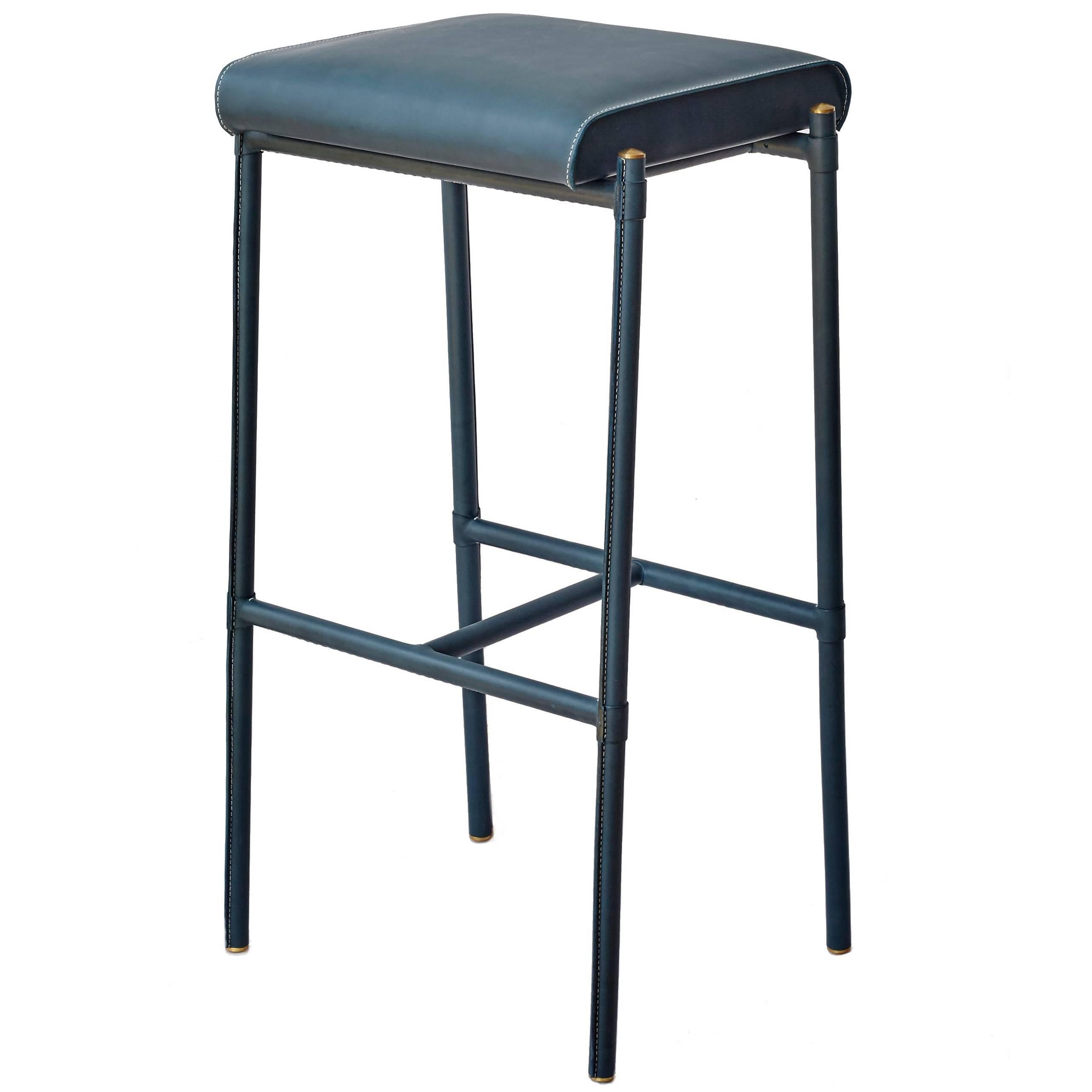 'Jacqueline' Bar Stool, Leather-Wrapped and Hand-Stitched, with Upholstered seat For Sale