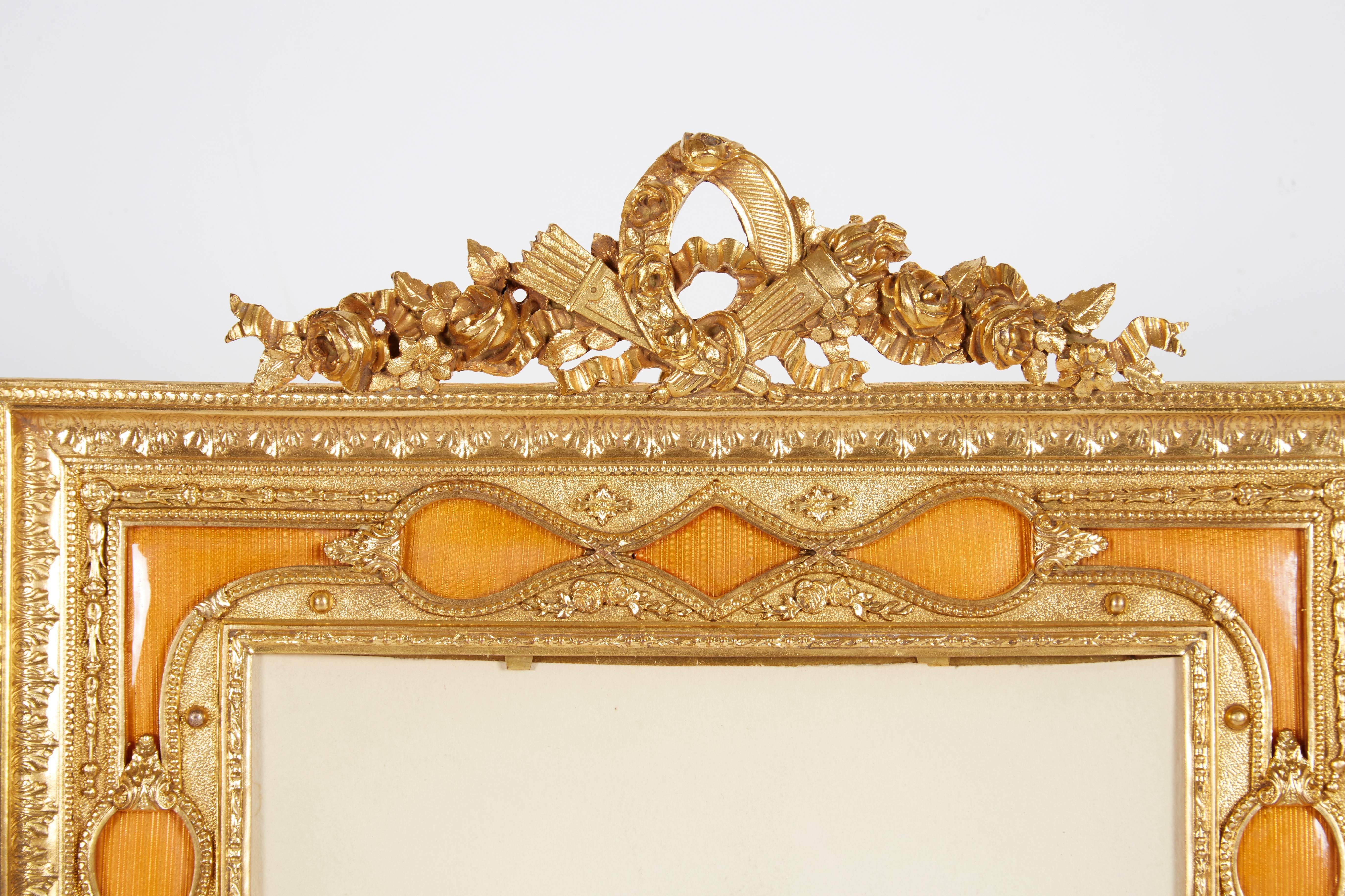French Gilt Bronze Ormolu and Orange Guilloche Enamel Picture Photo Frame In Excellent Condition In New York, NY