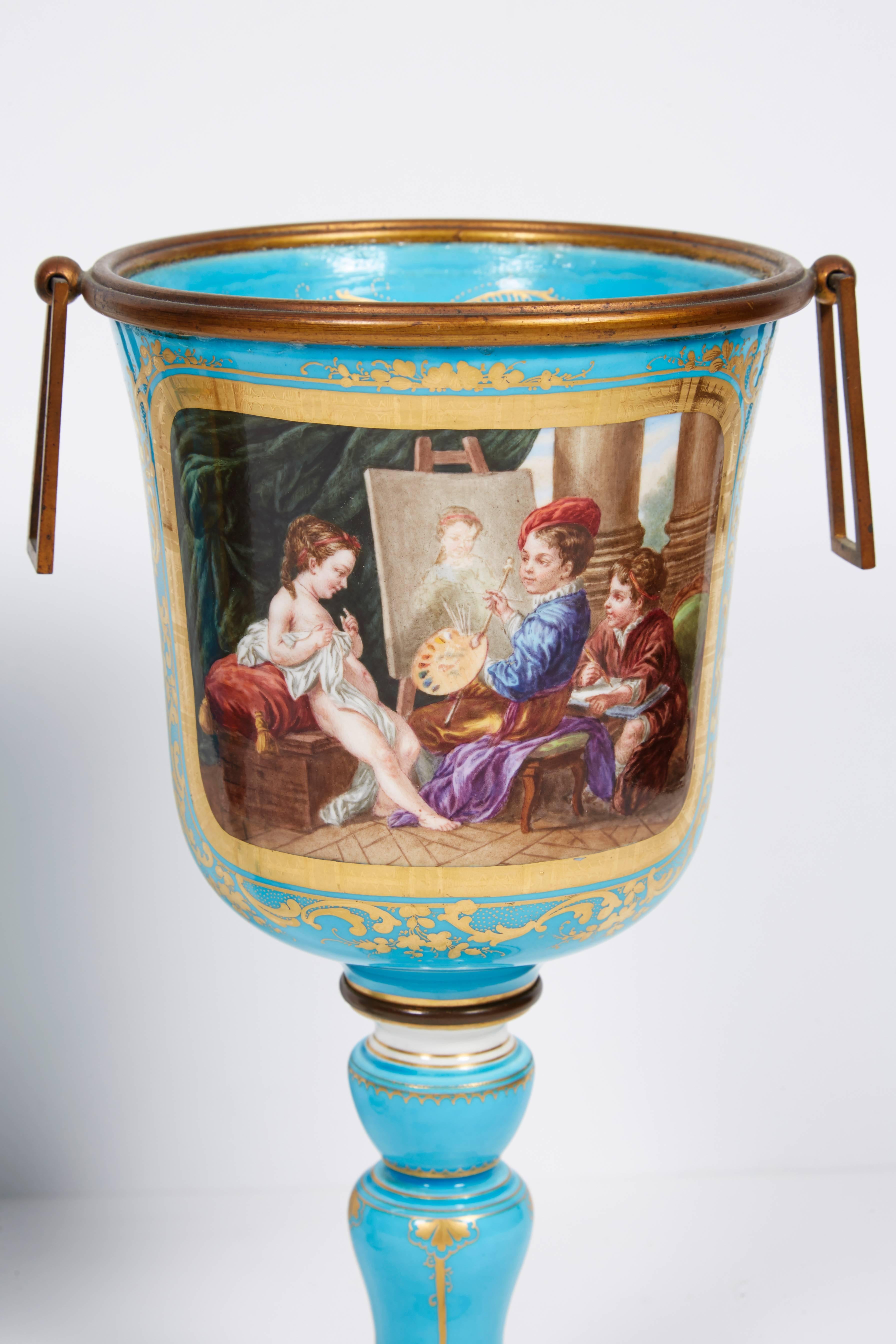 Napoleon III Pair of French Sevres Turquoise Porcelain Cups or Vases, 19th Century