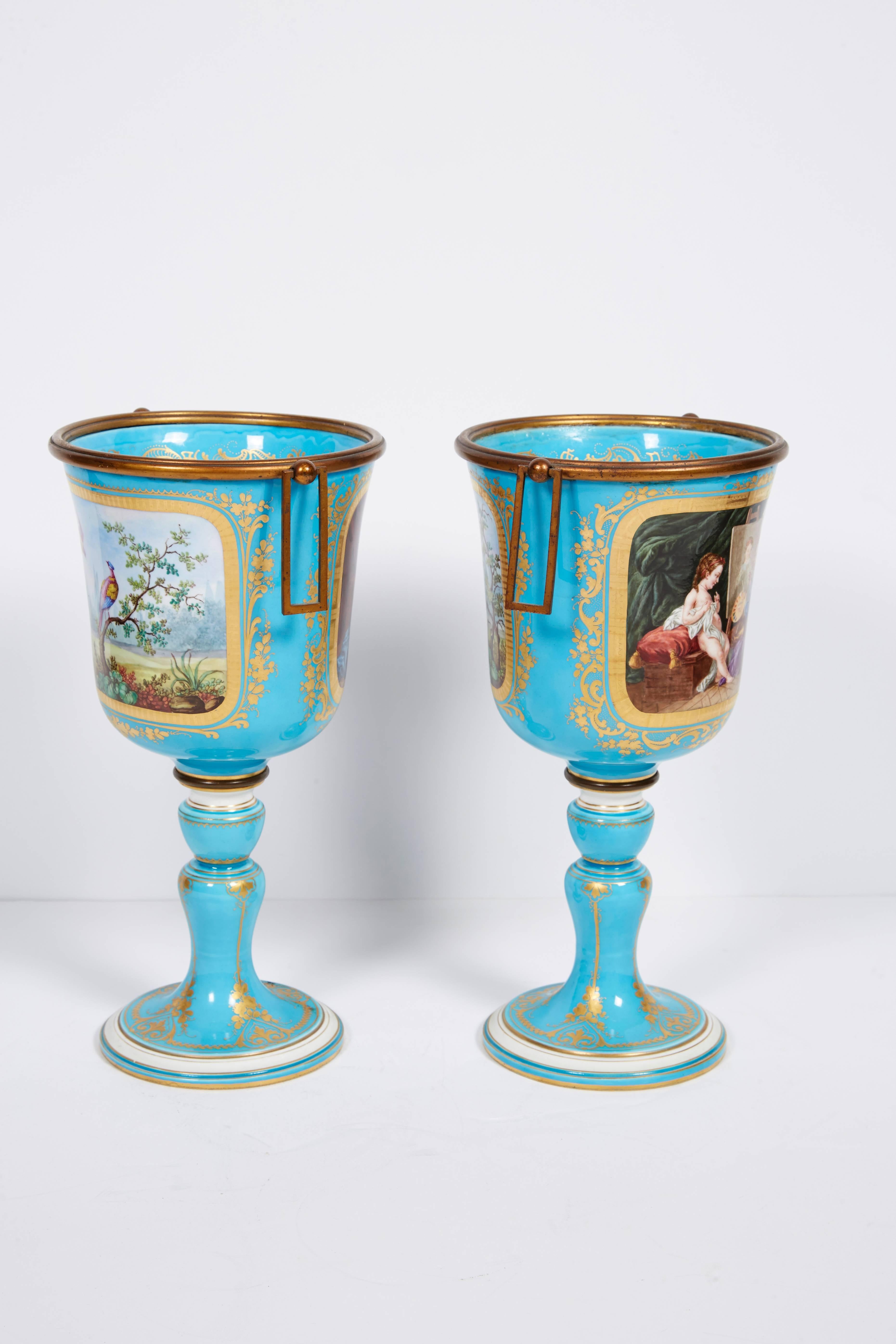 Bronze Pair of French Sevres Turquoise Porcelain Cups or Vases, 19th Century