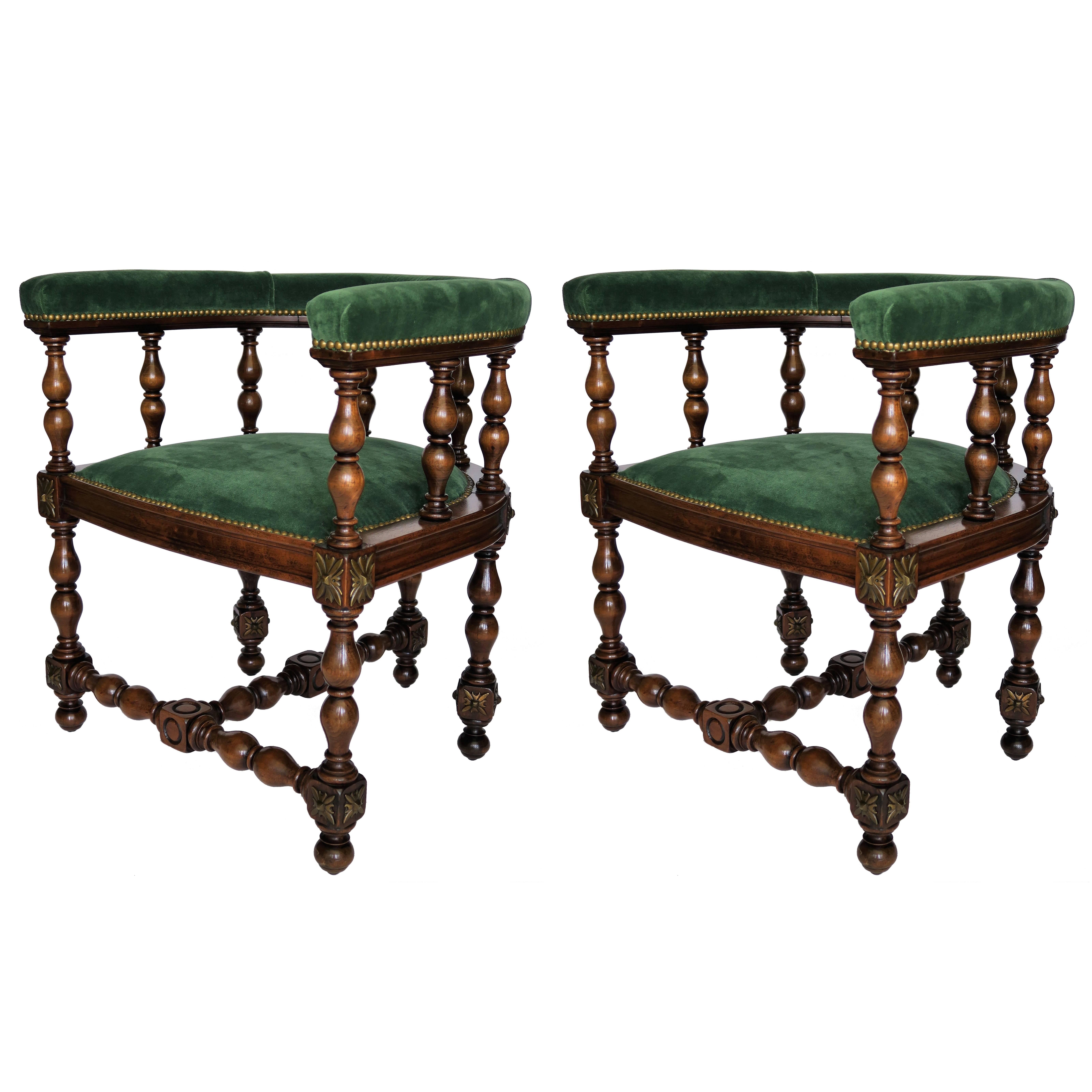 Pair of Barrel Back Jacobean Style Library Chairs with Emerald Green Velvet
