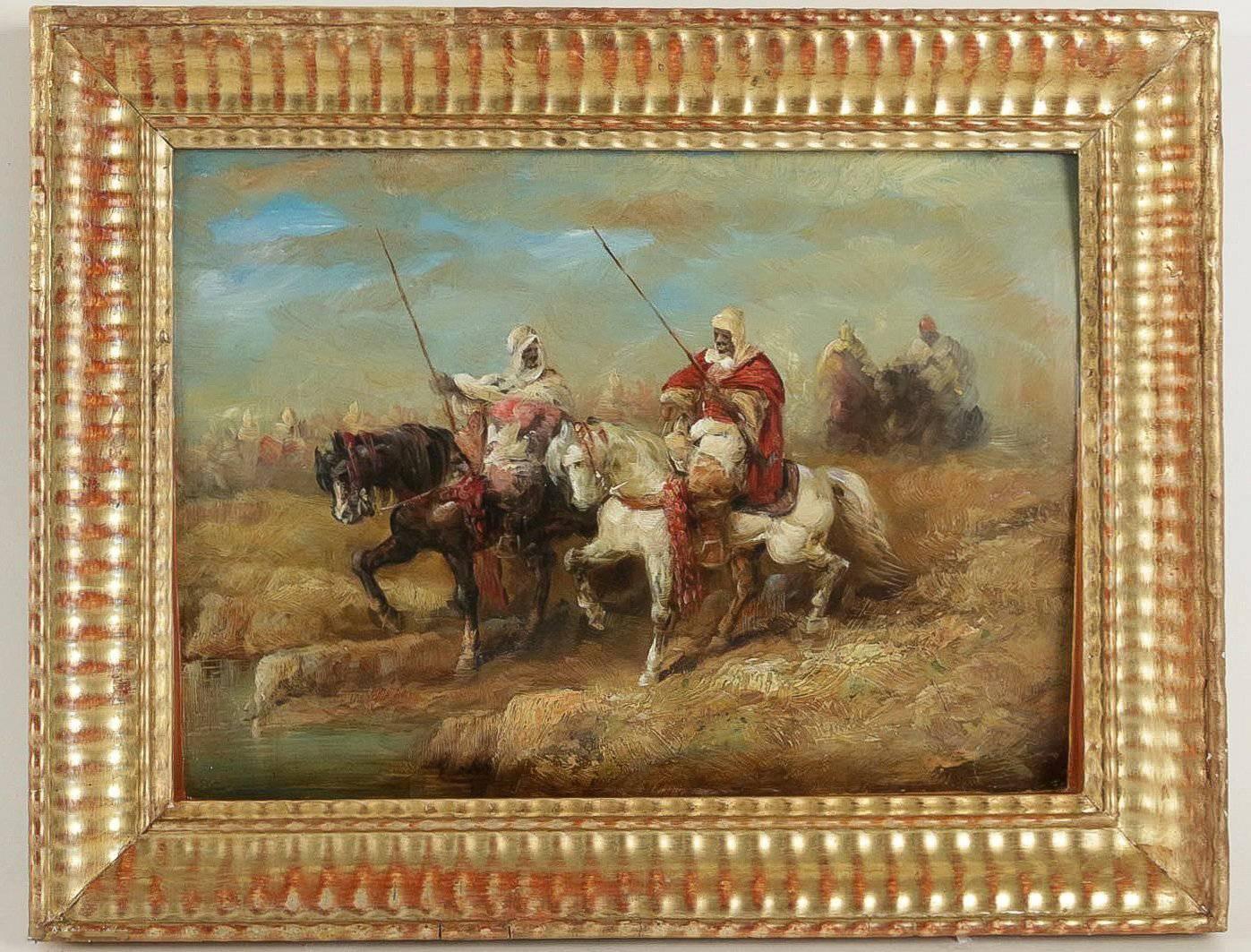 We are pleased to present you very interesting and ornamental small oil on panel depicting The Arabian Riders Horseback.

Fine qualities in this attractive painting, painted between 1856 and 1861 and attributed to Adolf Schreyer during his trip to