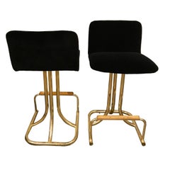 Set of Two DIA Mid-Century Modern Black Velvet, Brass and Wood Bar Stools